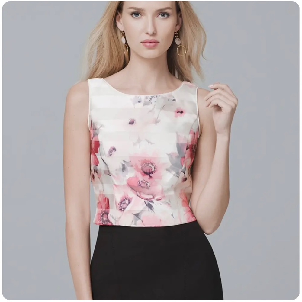 White House Black Market Floral Crop Shell Top in White and Pink